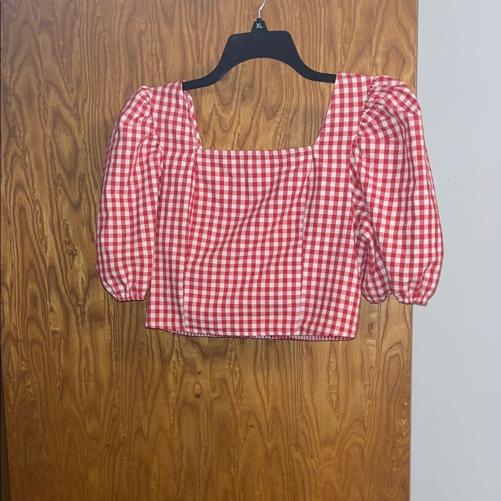 Chic Red Checkered Square Neck Blouse - image 1